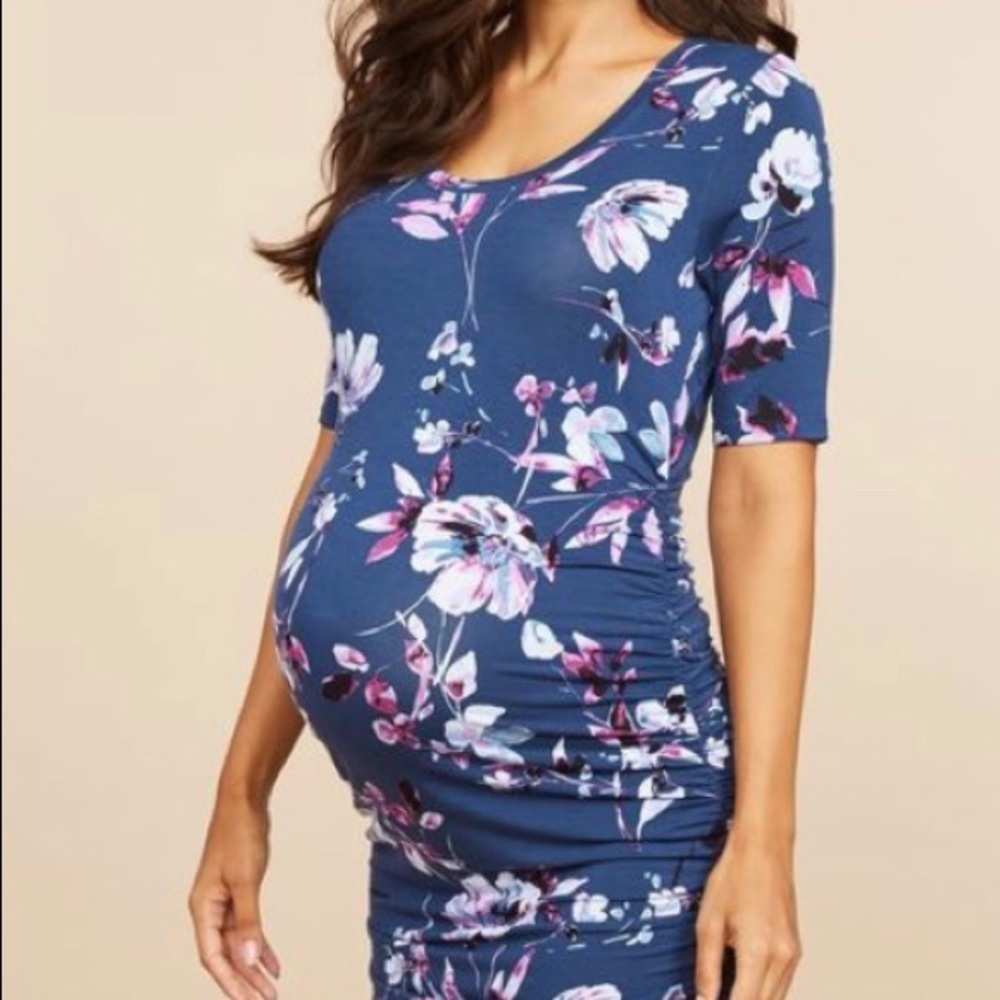 Blue side ruched maternity dress
